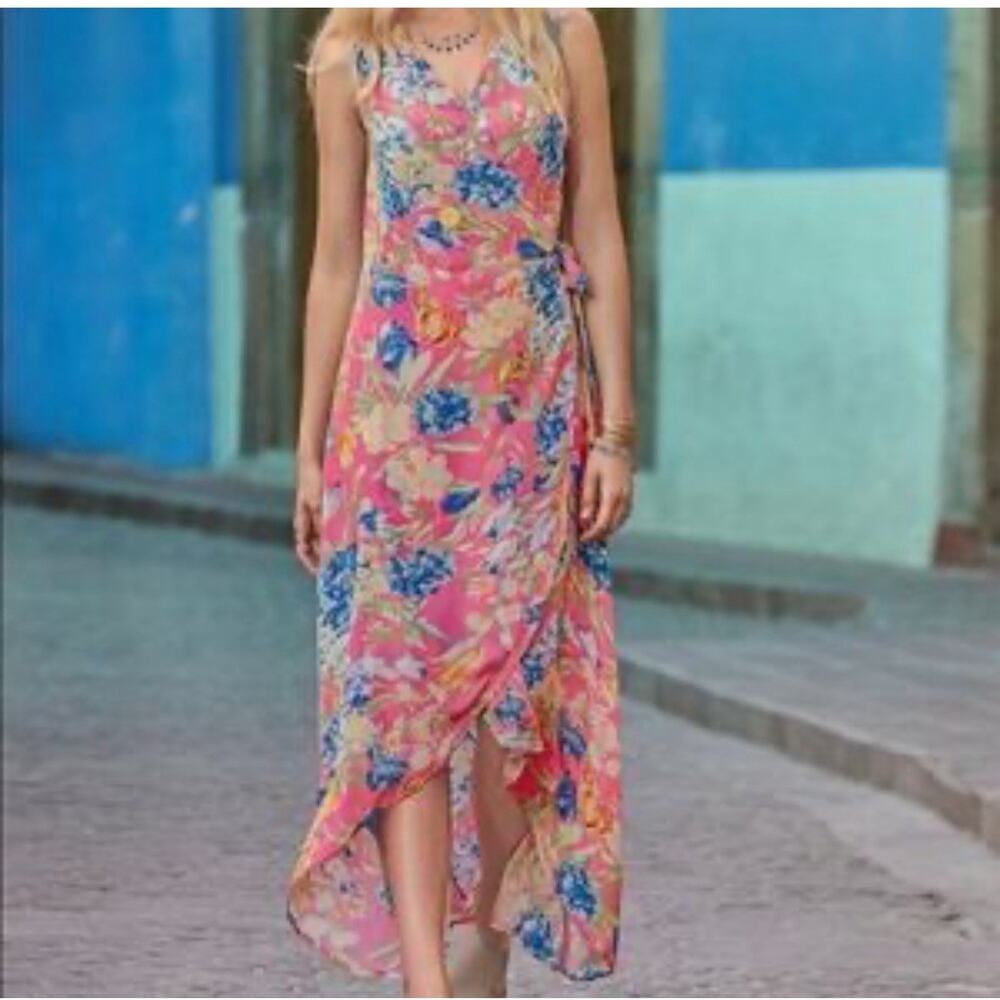 Tolani Womens Sleeveless Maxi Dress S Pink Blue Floral Wrap Hi Low Silky Flowy